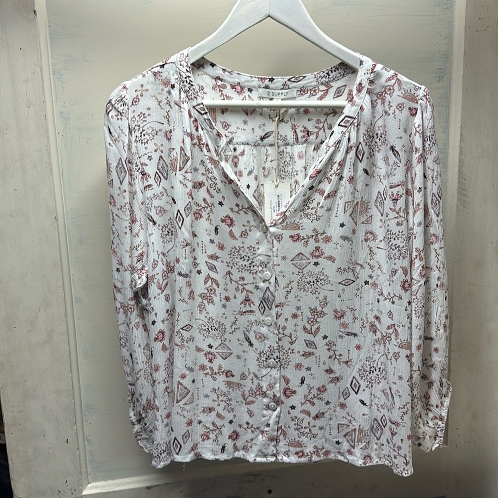 NWT Z Supply White and Brown Button “Kiya” Folk Button Down Shirt - Picture 6 of 9